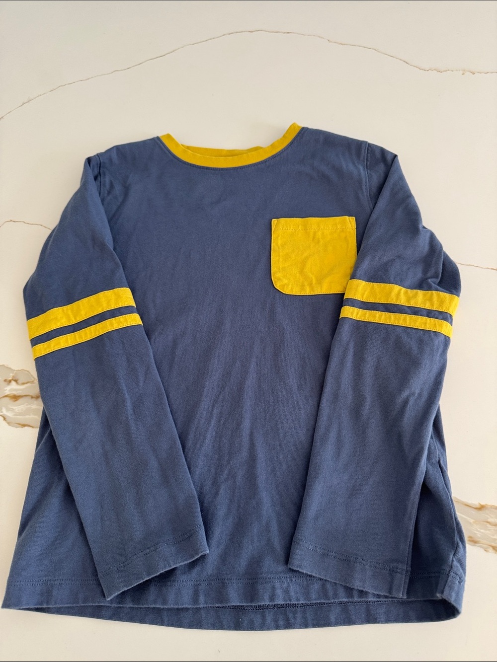 Mini Boden Navy Long-Sleeve Tee with Yellow Pocket & Stripe Accents